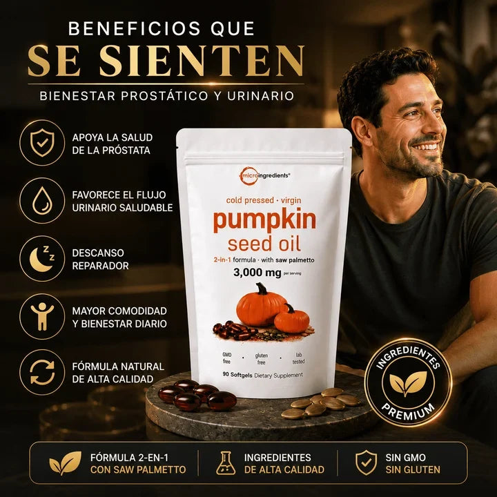 Aceite de Semilla de Calabaza 3000 mg + Saw Palmetto Apoya tu Salud Prostática y fortalece tu cabello desde hoy